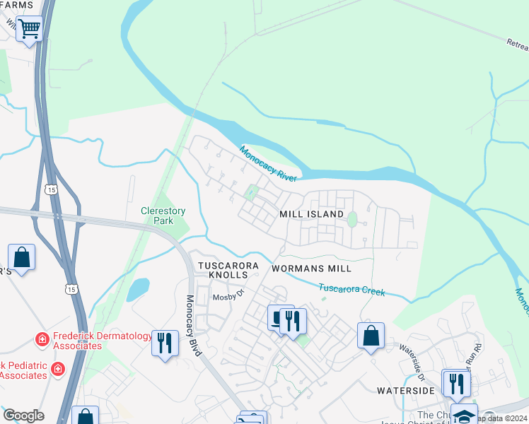 map of restaurants, bars, coffee shops, grocery stores, and more near 3017 Annas Terrace in Frederick