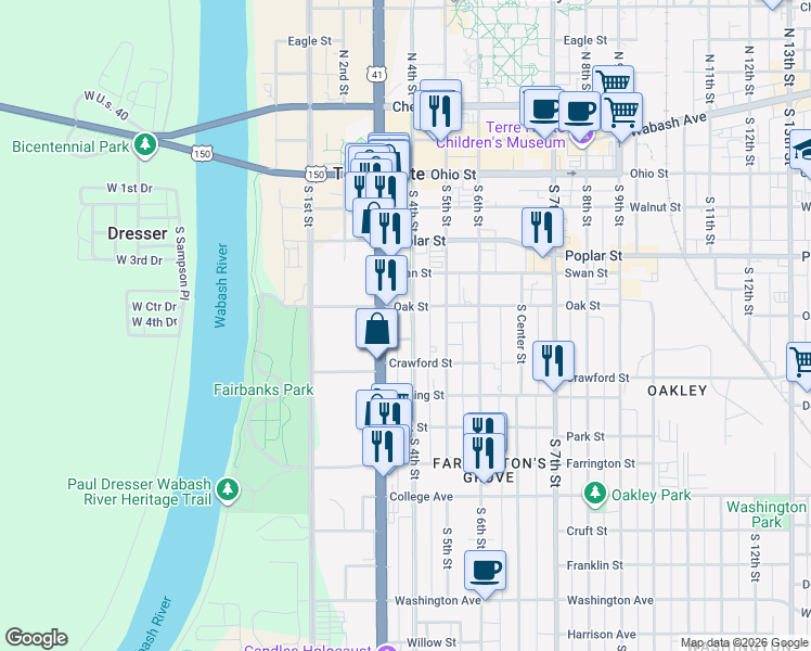 map of restaurants, bars, coffee shops, grocery stores, and more near 525 South 4th Street in Terre Haute