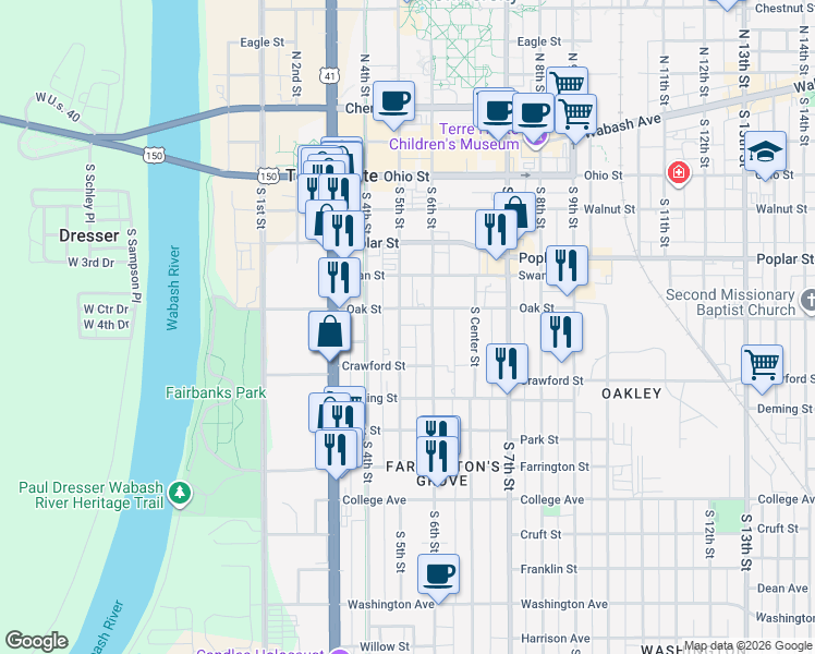 map of restaurants, bars, coffee shops, grocery stores, and more near 532 South 5th Street in Terre Haute