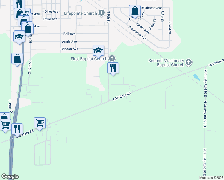 map of restaurants, bars, coffee shops, grocery stores, and more near 1920 Brookstone Lane in Mattoon