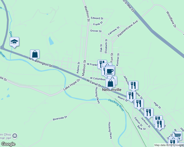 map of restaurants, bars, coffee shops, grocery stores, and more near 130 West Columbus Street in Nelsonville