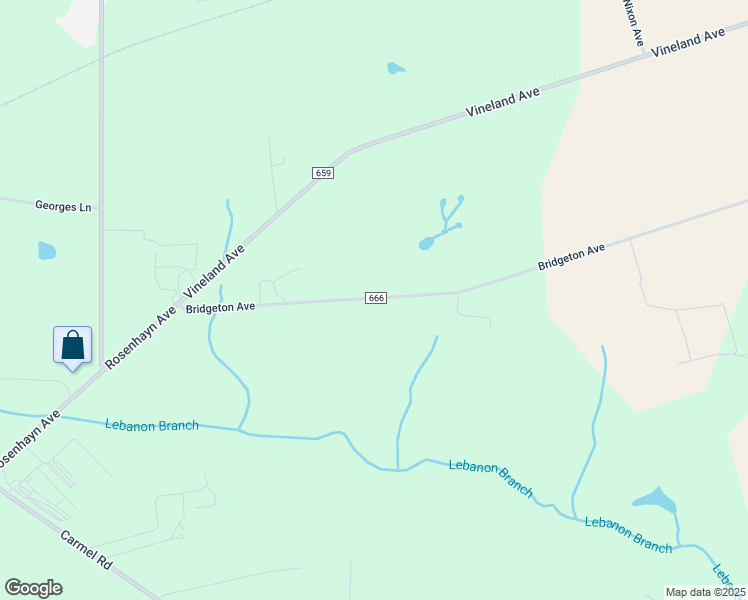map of restaurants, bars, coffee shops, grocery stores, and more near 601 County Road 666 in Bridgeton