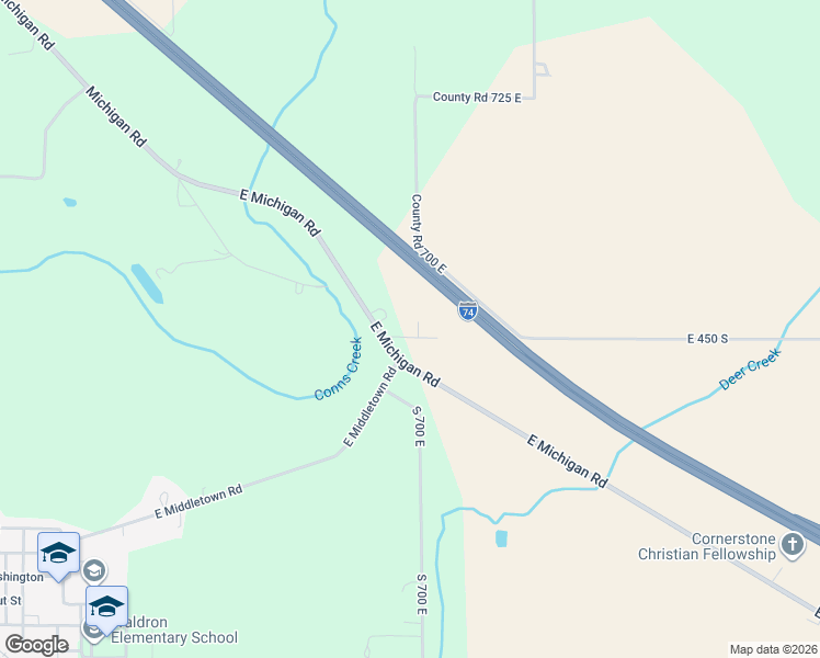 map of restaurants, bars, coffee shops, grocery stores, and more near 6970 East 450 South in Waldron