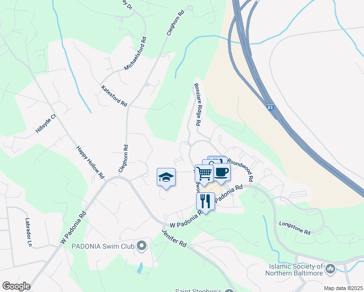 map of restaurants, bars, coffee shops, grocery stores, and more near 607 Dunloy Court in Timonium