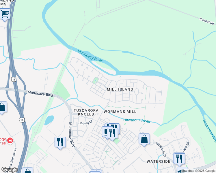 map of restaurants, bars, coffee shops, grocery stores, and more near 3014 Sanctuary Lane in Frederick