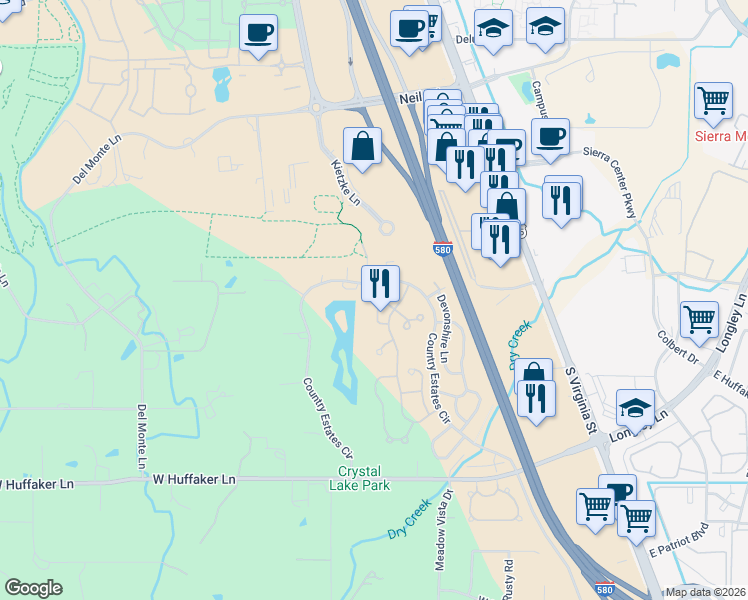 map of restaurants, bars, coffee shops, grocery stores, and more near 7248 Blue Falls Circle in Reno
