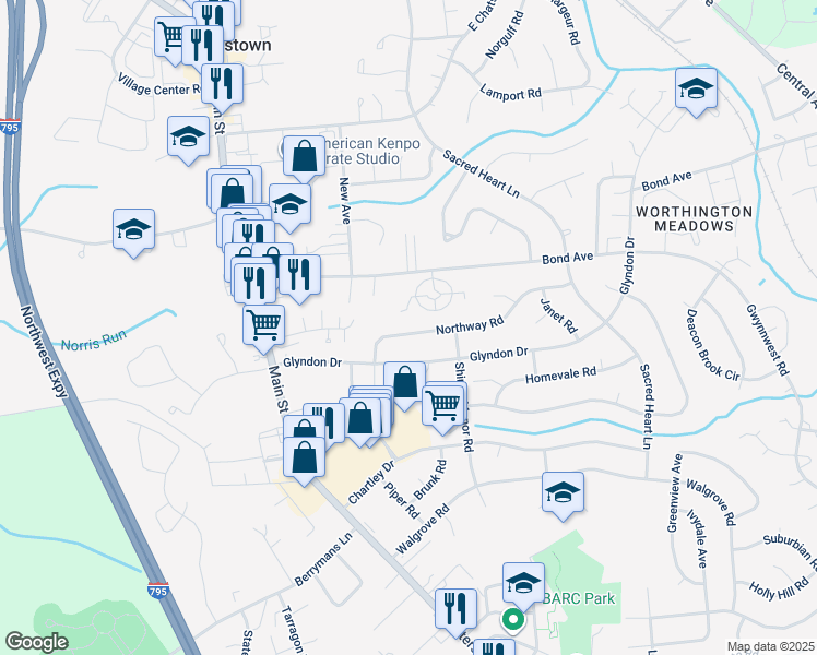 map of restaurants, bars, coffee shops, grocery stores, and more near 116 Northway Road in Reisterstown
