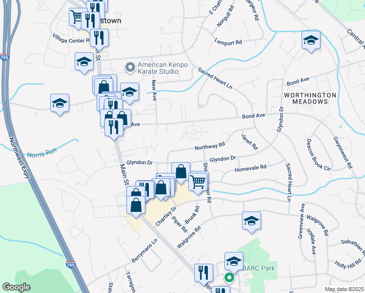 map of restaurants, bars, coffee shops, grocery stores, and more near 116 Northway Road in Reisterstown