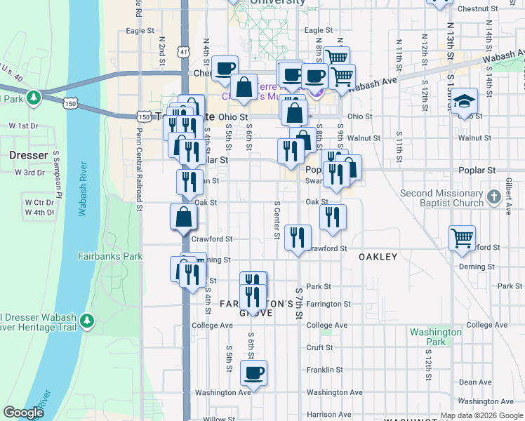 map of restaurants, bars, coffee shops, grocery stores, and more near 524 South 6th Street in Terre Haute