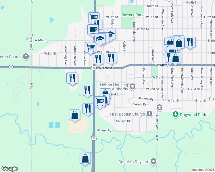 map of restaurants, bars, coffee shops, grocery stores, and more near 203 Dakota Avenue in Holton