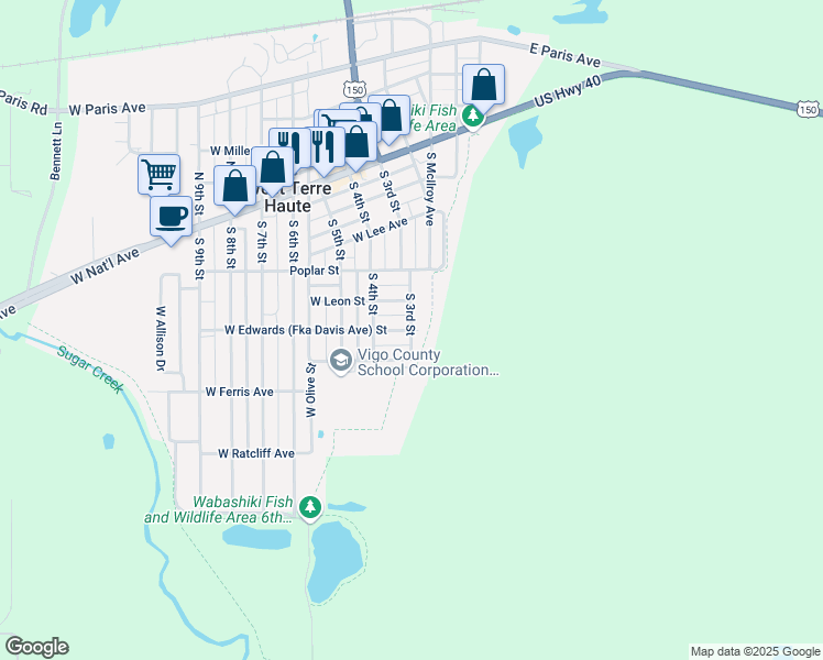 map of restaurants, bars, coffee shops, grocery stores, and more near 501 South 3rd Street in West Terre Haute