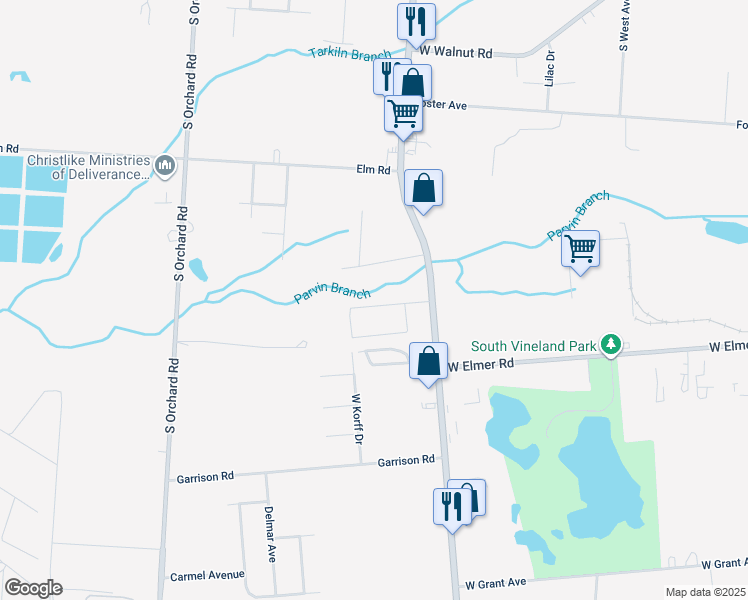 map of restaurants, bars, coffee shops, grocery stores, and more near 956 North Korff Drive in Vineland