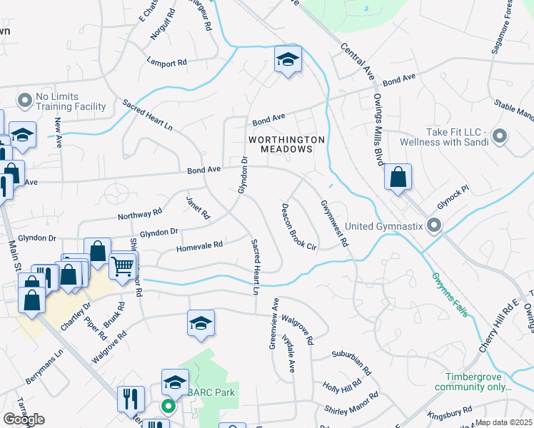 map of restaurants, bars, coffee shops, grocery stores, and more near 423 Highmeadow Road in Reisterstown