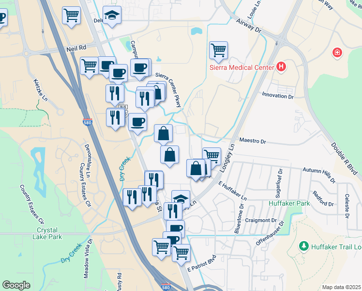 map of restaurants, bars, coffee shops, grocery stores, and more near 7525 Colbert Drive in Reno