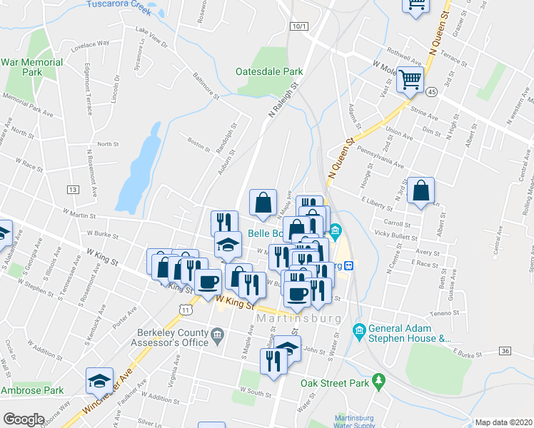 map of restaurants, bars, coffee shops, grocery stores, and more near 310 Boyd Avenue in Martinsburg