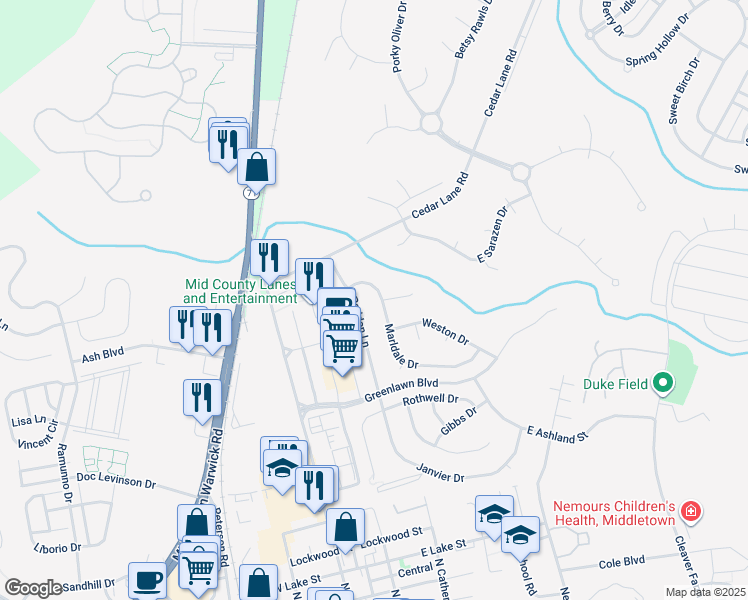 map of restaurants, bars, coffee shops, grocery stores, and more near 318 Marldale Drive in Middletown