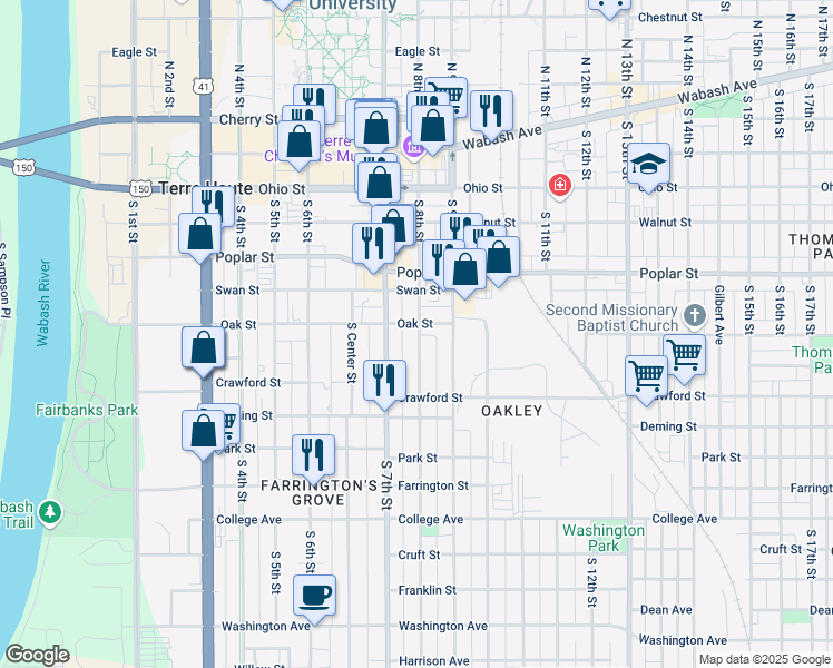 map of restaurants, bars, coffee shops, grocery stores, and more near 526 South 7th Street in Terre Haute