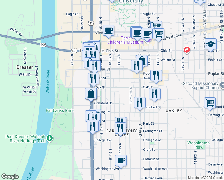 map of restaurants, bars, coffee shops, grocery stores, and more near 532 South 5th Street in Terre Haute