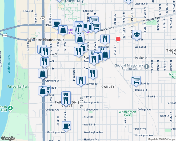 map of restaurants, bars, coffee shops, grocery stores, and more near 526 South 7th Street in Terre Haute