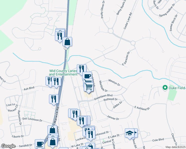 map of restaurants, bars, coffee shops, grocery stores, and more near 149 Redden Lane in Middletown