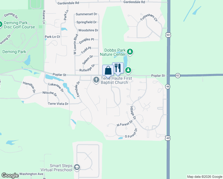 map of restaurants, bars, coffee shops, grocery stores, and more near 486 South Dobbs Glen Street in Terre Haute