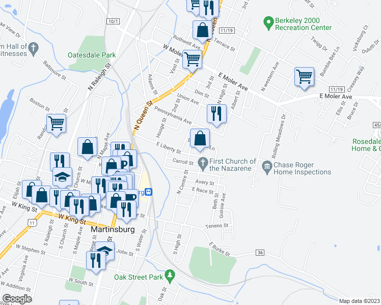 map of restaurants, bars, coffee shops, grocery stores, and more near 301 East Liberty Street in Martinsburg