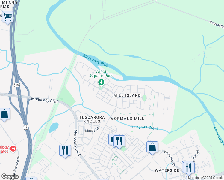 map of restaurants, bars, coffee shops, grocery stores, and more near 2610 Island Grove Boulevard in Frederick