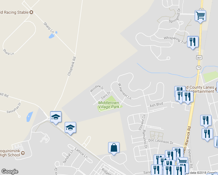 map of restaurants, bars, coffee shops, grocery stores, and more near 446 West Harvest Lane in Middletown