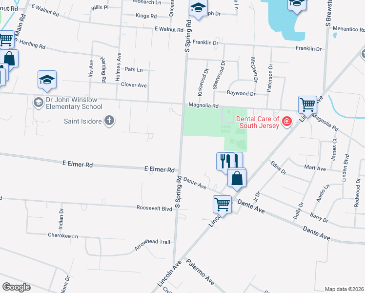 map of restaurants, bars, coffee shops, grocery stores, and more near 1565 South Spring Road in Vineland