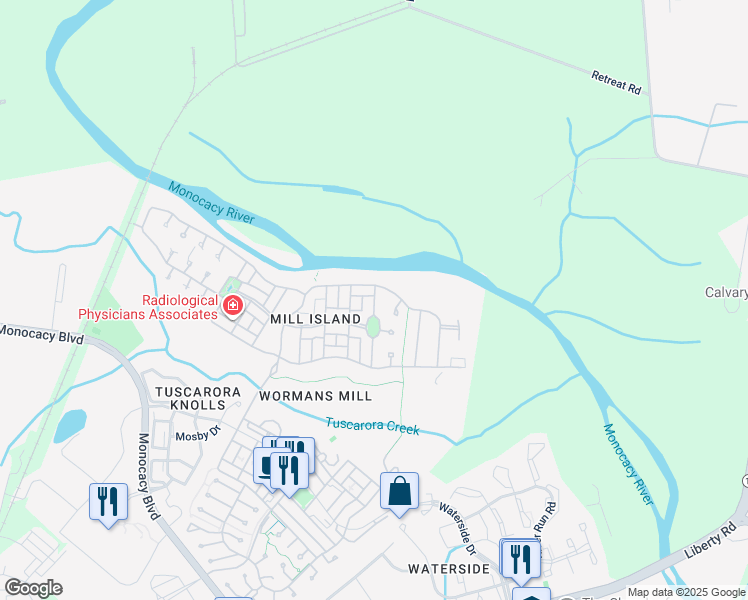 map of restaurants, bars, coffee shops, grocery stores, and more near 3030 Palatine Drive in Frederick