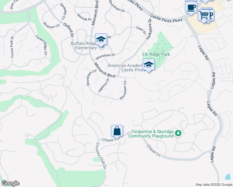 map of restaurants, bars, coffee shops, grocery stores, and more near 282 Huntley Court in Castle Rock