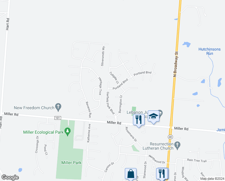 map of restaurants, bars, coffee shops, grocery stores, and more near 307 Portland Boulevard in Lebanon