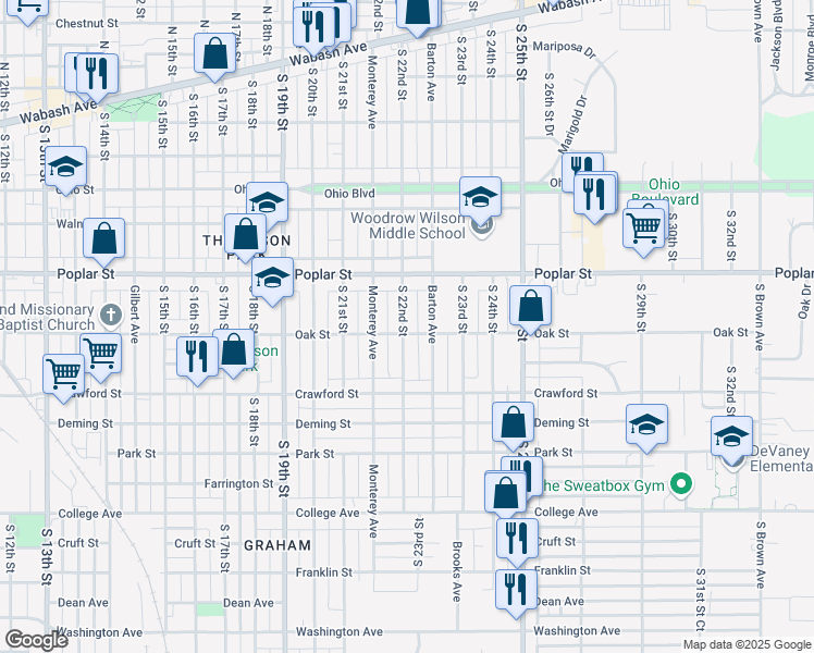 map of restaurants, bars, coffee shops, grocery stores, and more near 413 South 22nd Street in Terre Haute