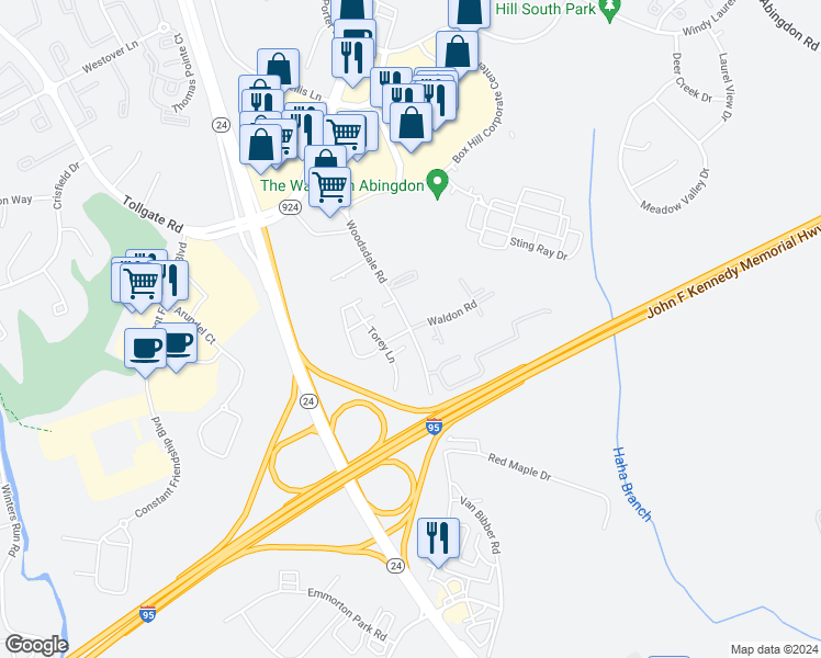 map of restaurants, bars, coffee shops, grocery stores, and more near 3595 Woodsdale Road in Abingdon