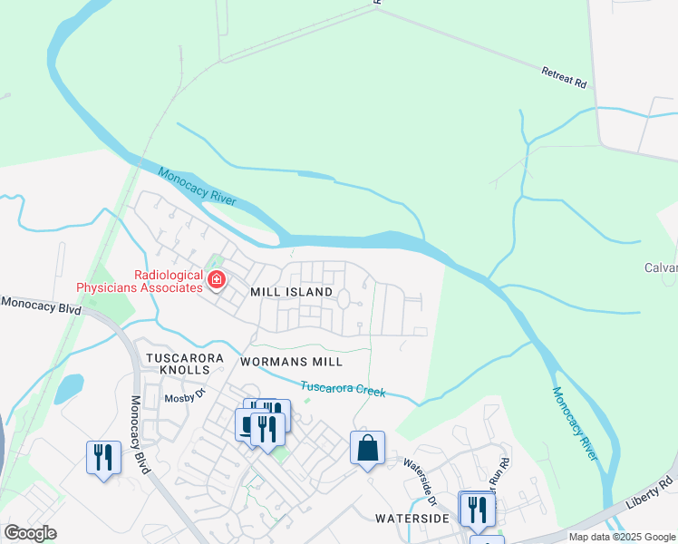 map of restaurants, bars, coffee shops, grocery stores, and more near 3048 Palatine Drive in Frederick