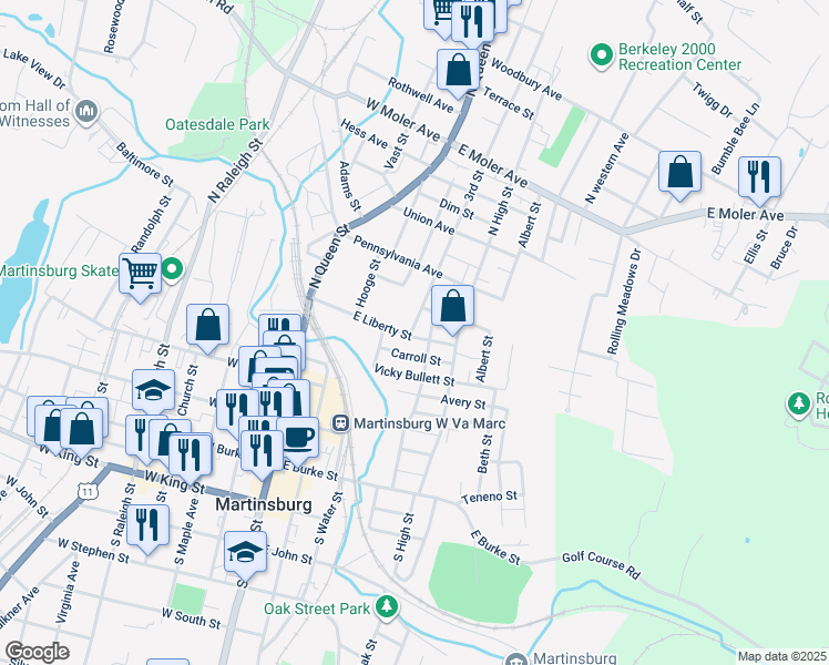 map of restaurants, bars, coffee shops, grocery stores, and more near 247 East Liberty Street in Martinsburg