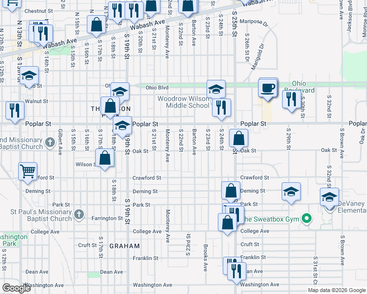 map of restaurants, bars, coffee shops, grocery stores, and more near 413 South 22nd Street in Terre Haute