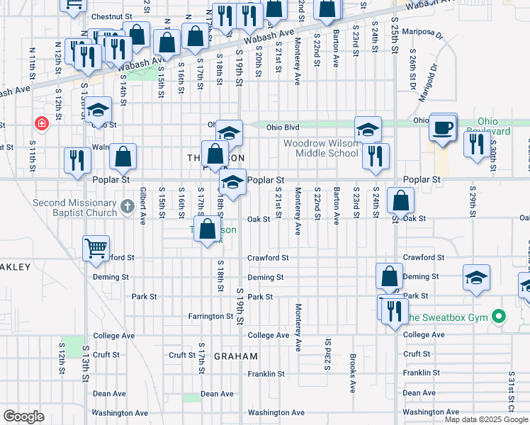 map of restaurants, bars, coffee shops, grocery stores, and more near 450 South 20th Street in Terre Haute