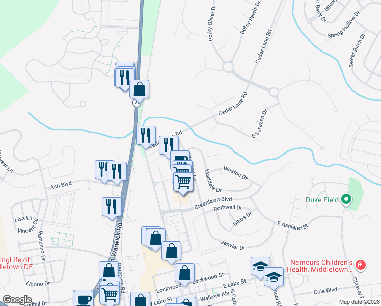 map of restaurants, bars, coffee shops, grocery stores, and more near 153 Redden Lane in Middletown