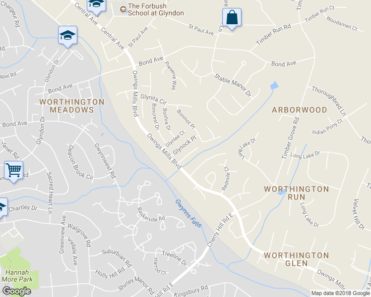 map of restaurants, bars, coffee shops, grocery stores, and more near 635 Glynock Place in Reisterstown