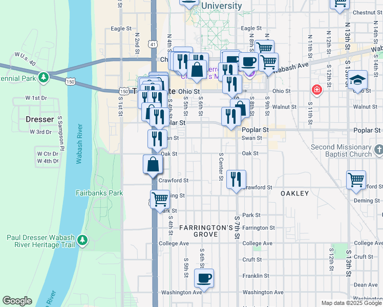 map of restaurants, bars, coffee shops, grocery stores, and more near 416 South 5th Street in Terre Haute