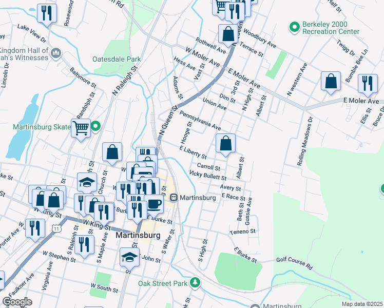 map of restaurants, bars, coffee shops, grocery stores, and more near 220 East Liberty Street in Martinsburg