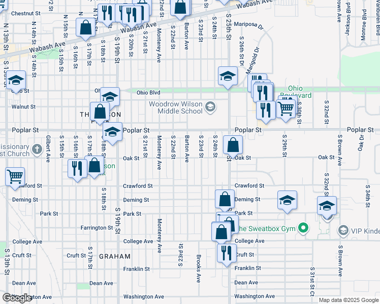 map of restaurants, bars, coffee shops, grocery stores, and more near 2219 Poplar Street in Terre Haute