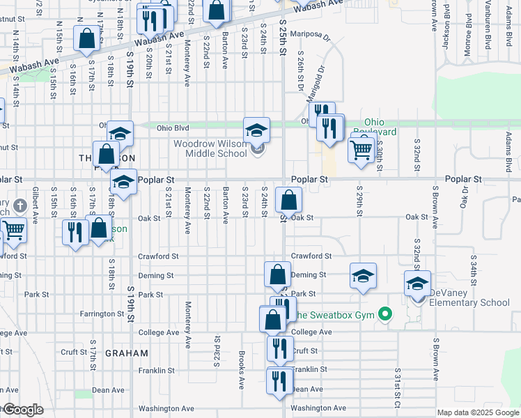 map of restaurants, bars, coffee shops, grocery stores, and more near 457 South 24th Street in Terre Haute