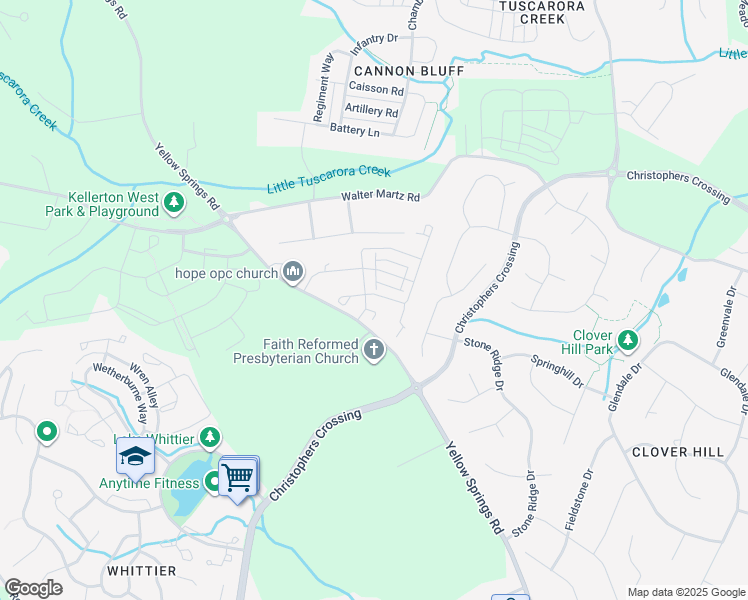 map of restaurants, bars, coffee shops, grocery stores, and more near 1301 Futurity Street in Frederick