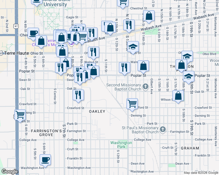 map of restaurants, bars, coffee shops, grocery stores, and more near 428 South 11th Street in Terre Haute