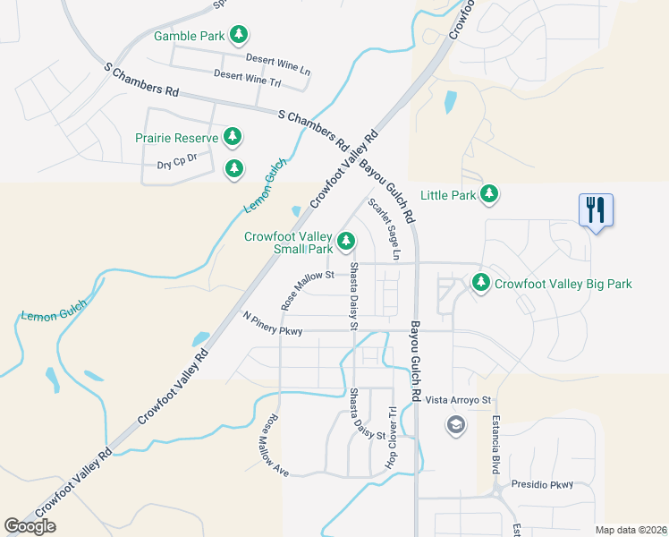 map of restaurants, bars, coffee shops, grocery stores, and more near 13994 Shasta Daisy Street in Parker
