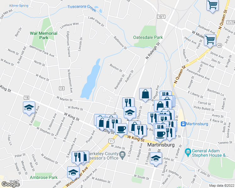 map of restaurants, bars, coffee shops, grocery stores, and more near 600 West Race Street in Martinsburg