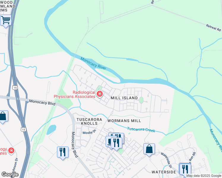 map of restaurants, bars, coffee shops, grocery stores, and more near 2609 Monocacy Ford Road in Frederick