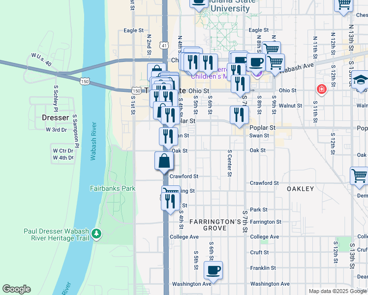 map of restaurants, bars, coffee shops, grocery stores, and more near 413 Swan Street in Terre Haute